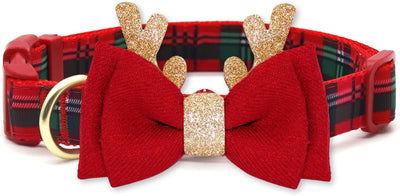 Christmas Dog Collar, Classic Design Plaid Dog Collar with Bowtie and Cute Glitter Reindeer Ear, Soft & Comfy Dog Collars, Gifts for Medium Dogs