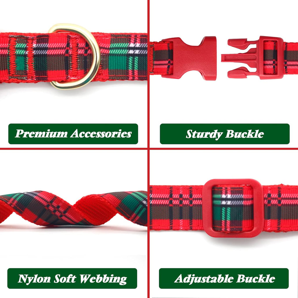 Christmas Dog Collar, Classic Design Plaid Dog Collar with Bowtie and Cute Glitter Reindeer Ear, Soft & Comfy Dog Collars, Gifts for Medium Dogs