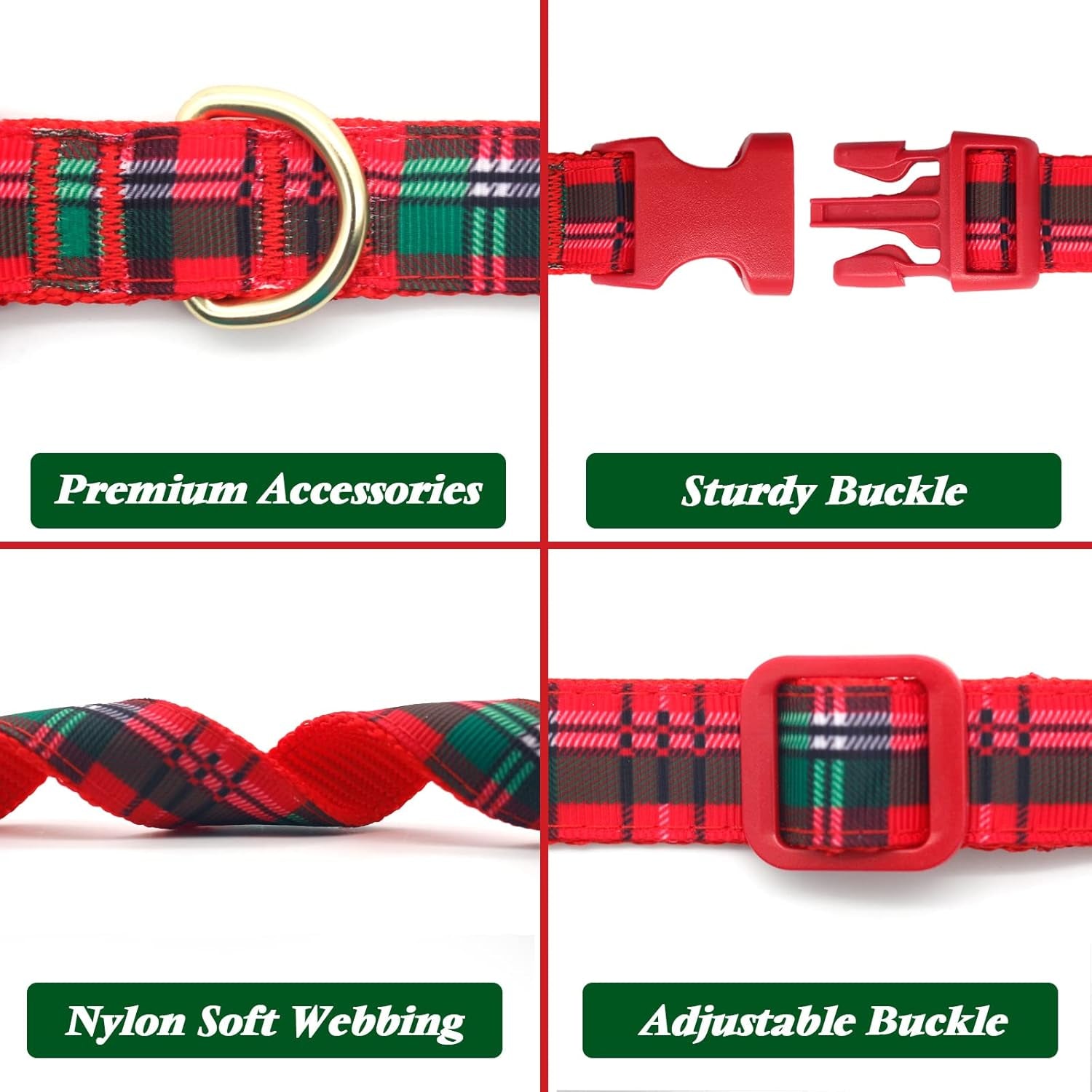 Christmas Dog Collar, Classic Design Plaid Dog Collar with Bowtie and Cute Glitter Reindeer Ear, Soft & Comfy Dog Collars, Gifts for Medium Dogs