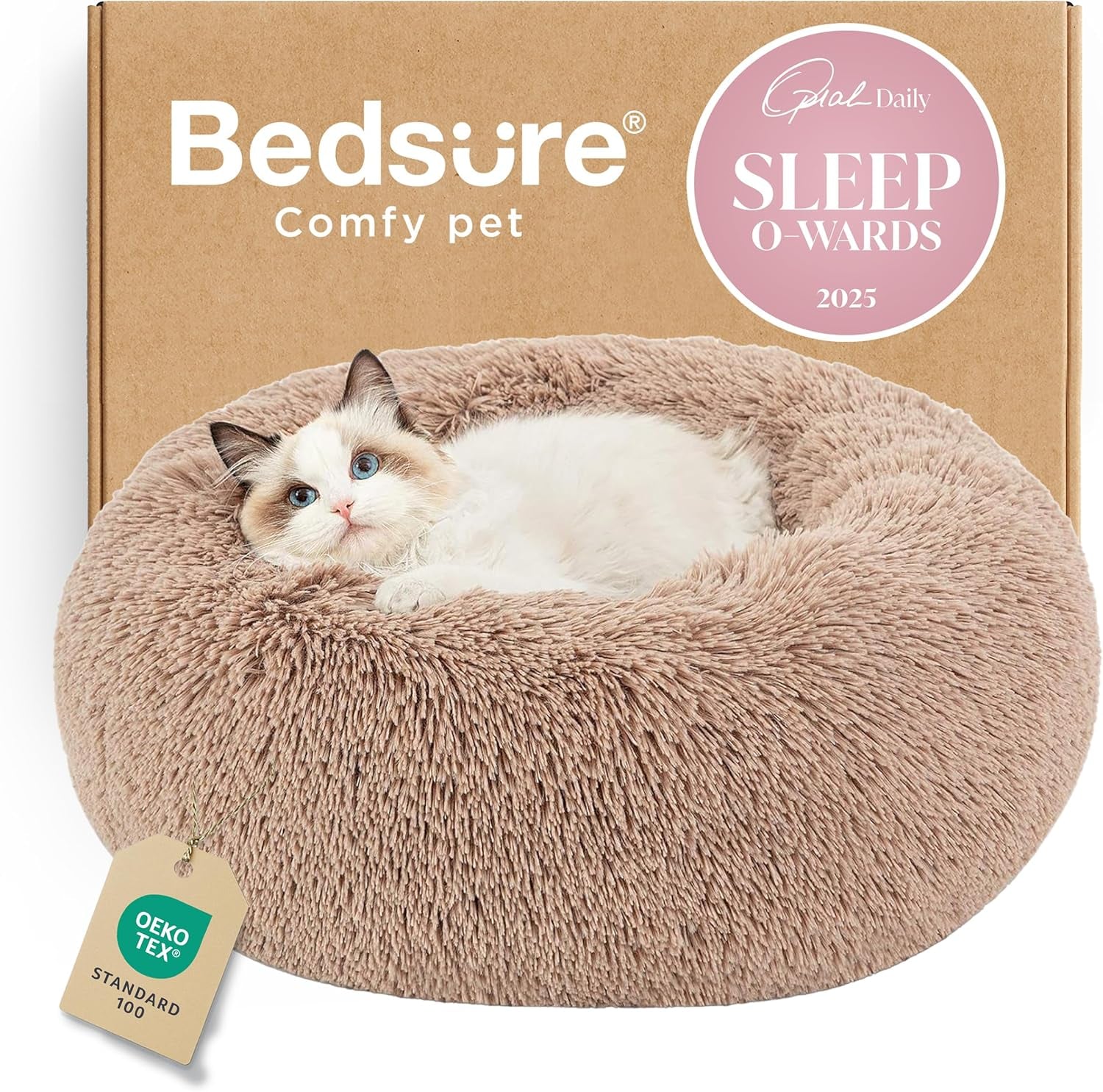 Calming Cat Beds for Indoor Cats - Small Cat Bed Washable 20 Inches, Anti-Slip round Fluffy Plush Faux Fur Pet Bed, Fits up to 15 Lbs Pets, Camel