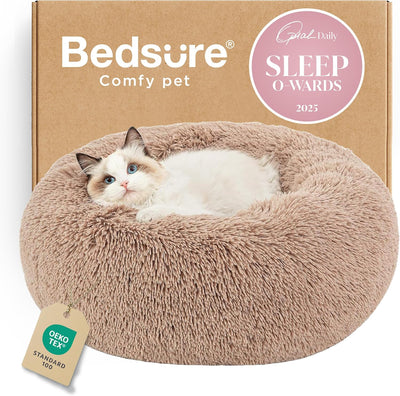 Calming Cat Beds for Indoor Cats - Small Cat Bed Washable 20 Inches, Anti-Slip round Fluffy Plush Faux Fur Pet Bed, Fits up to 15 Lbs Pets, Camel
