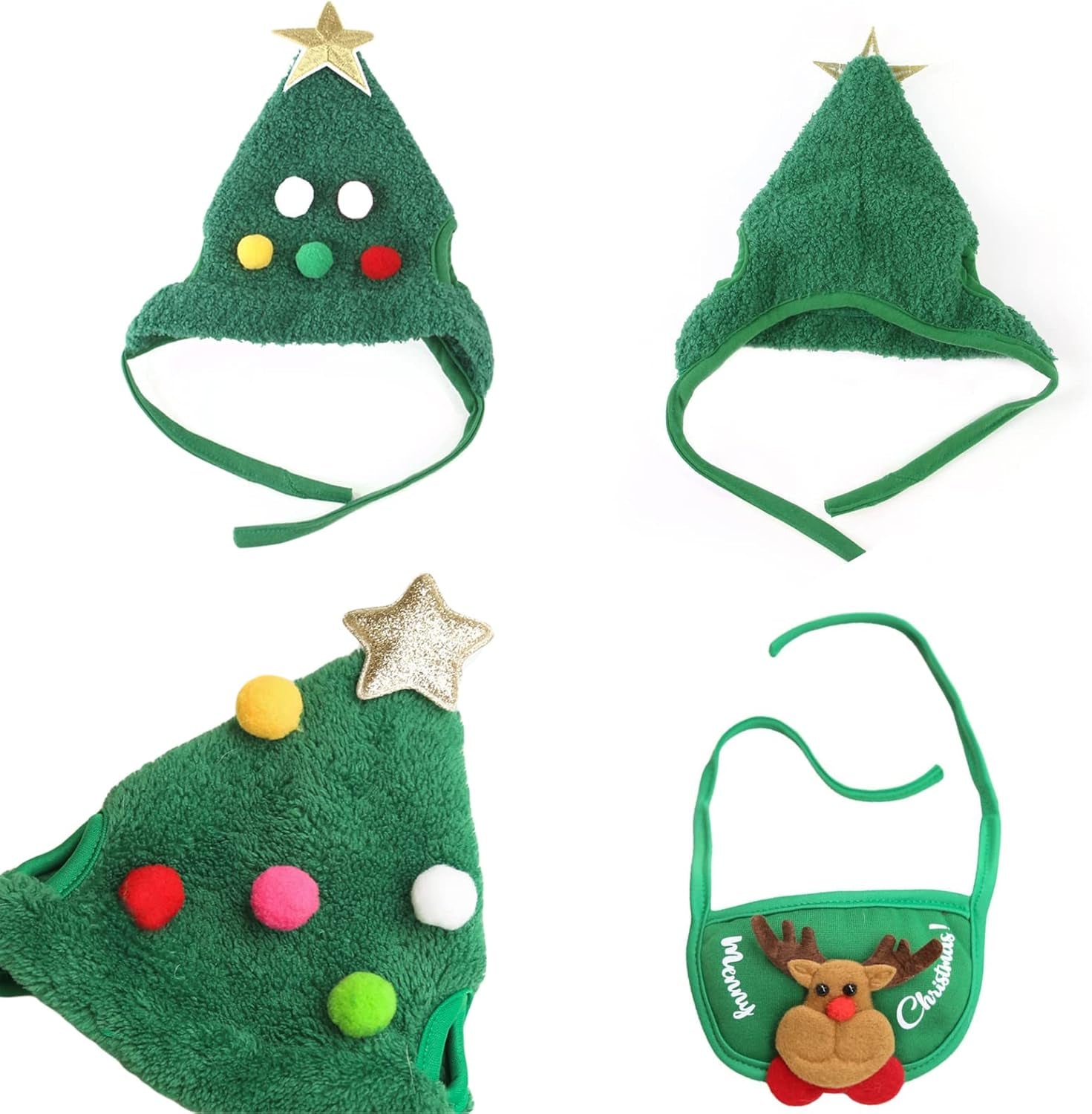 2PCS Christmas Adjustable Pet Christmas Costume Set Including Reindeer Antlers Christmas Tree Headband and Pet Christmas Accessories Decoration Scarf (Green, L)