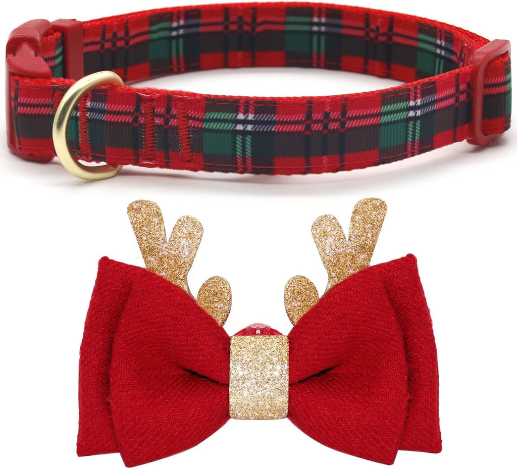 Christmas Dog Collar, Classic Design Plaid Dog Collar with Bowtie and Cute Glitter Reindeer Ear, Soft & Comfy Dog Collars, Gifts for Medium Dogs