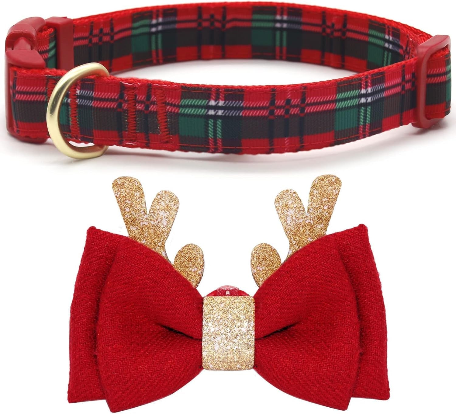 Christmas Dog Collar, Classic Design Plaid Dog Collar with Bowtie and Cute Glitter Reindeer Ear, Soft & Comfy Dog Collars, Gifts for Medium Dogs